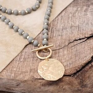 Elegant Gray Beaded and Gold Coin Necklace